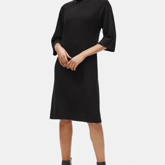 Eileen Fisher Black Mock Neck Wool Dress - Picture 2 of 11
